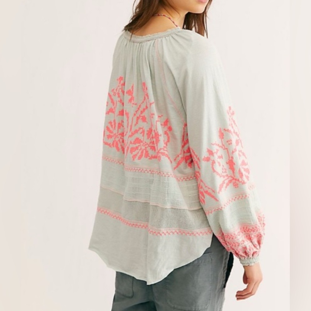 Pristine Free People Persuasion top heavy embroidery oversized sleeve cotton XS - Picture 2 of 8